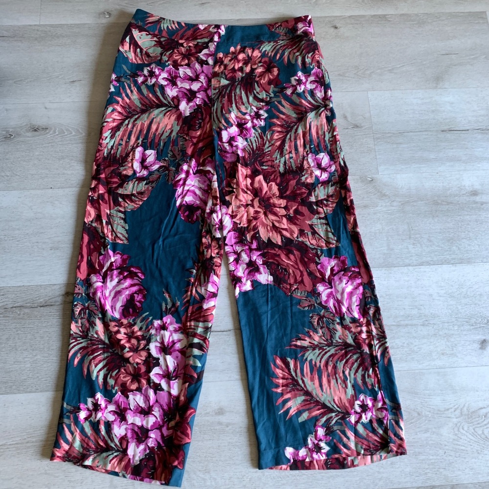 Soft Surroundings Tropical Floral Wide Leg Pants XL Teal Pink‎ Rayon 2FG89